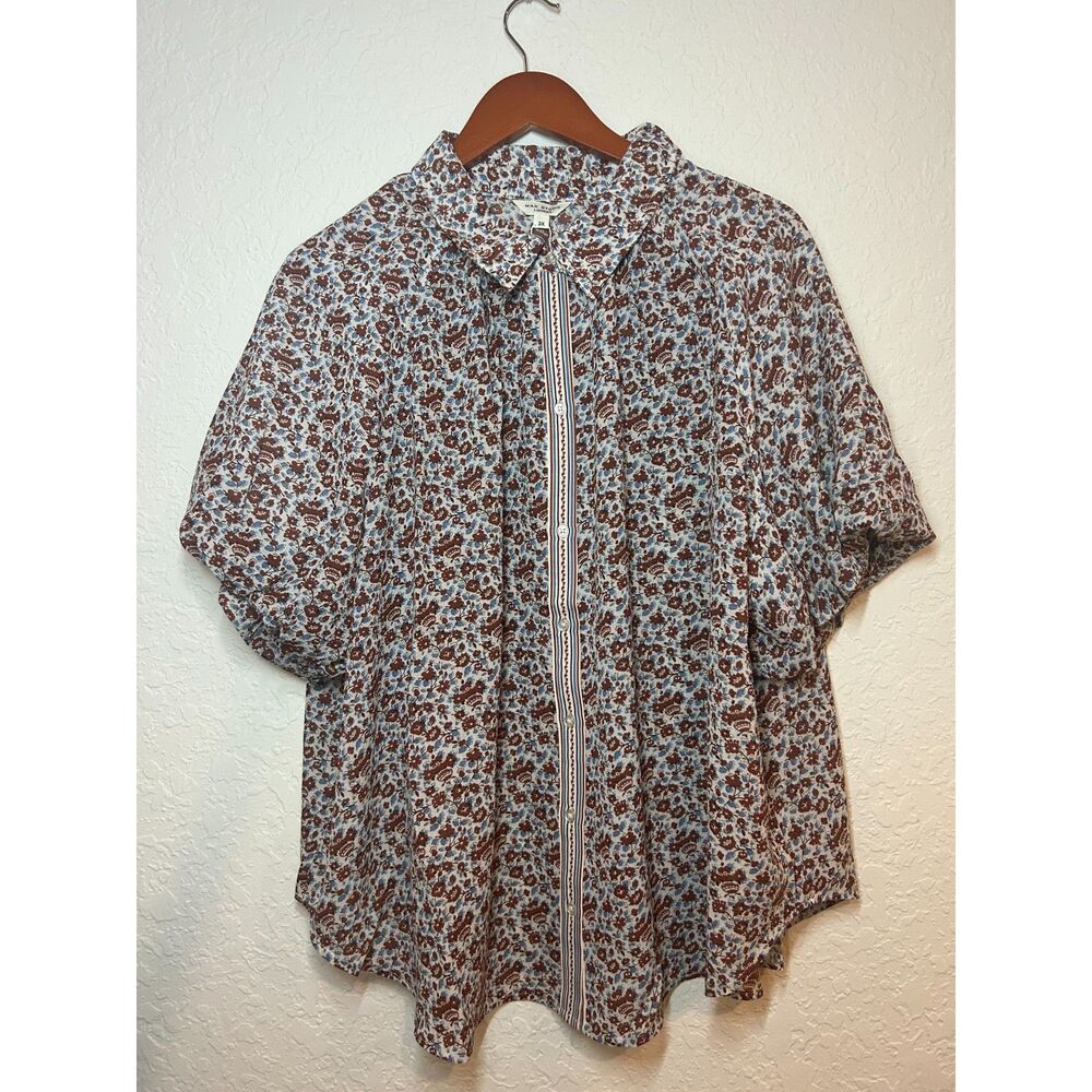NWT Max Studio London 3X Floral Paisley Button Front Boho Blouse Puff Sleeve